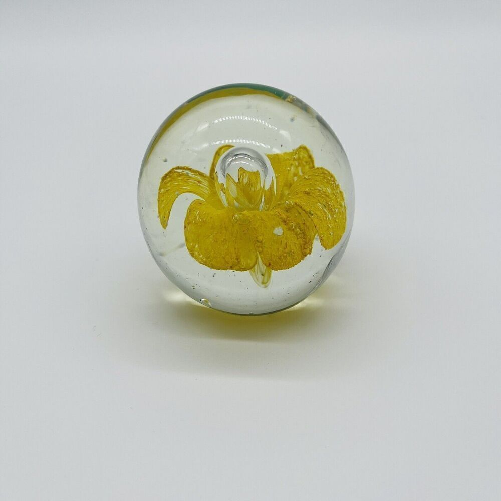 Vintage Art Glass Round Paperweight Yellow Flower Controlled Bubble